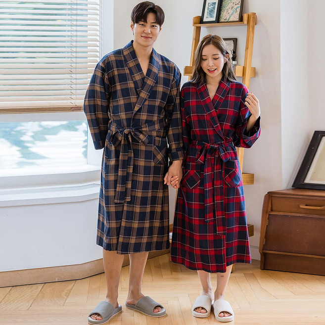 시밀러룩 체크가운 뉴욕체크 양기모 긴소매 커플샤워가운 로브가운