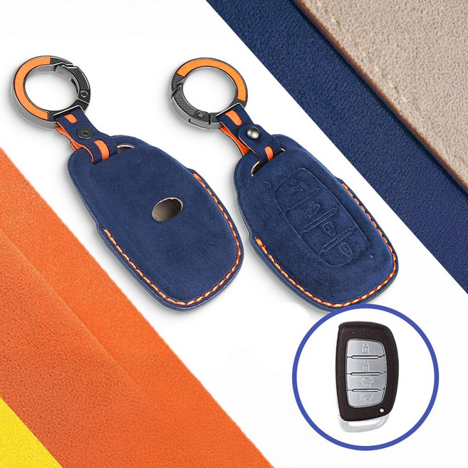 벤오토 현대 캐스퍼 아이오닉 LF쏘나타 아반떼 AD MD 뉴투싼IX 올뉴투싼 뉴라이즈 신형i40 호환 알칸타라 스마트키 가죽 키케이스 현대4버튼 키링 키홀더 (S6-HA4A), 블루