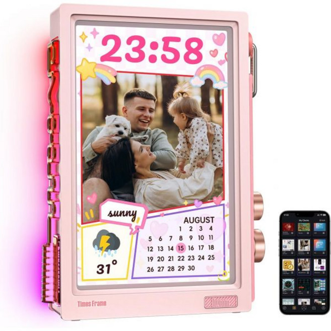 디보움 타임스프레임 – 10.1인치 WiFi 6 디지털 사진 액자 및 스마트 데스크 디스플레이 구독 없음 | 64GB 동영상 AI 스타일 전송 + 라이브 위젯날씨 일정 등 완벽, Pink