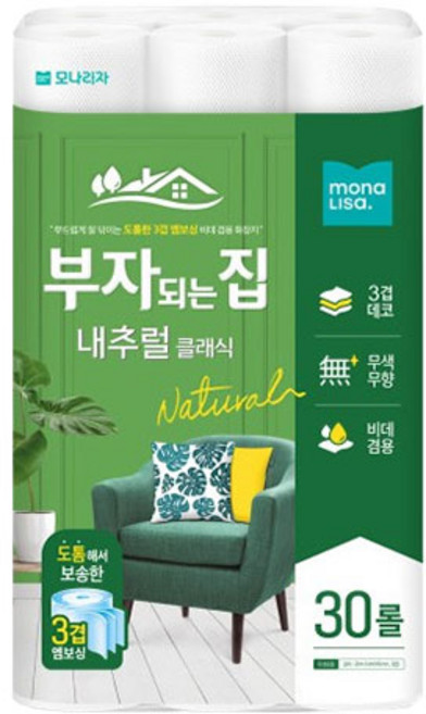 모나리자 부자되는집 내추럴클래식 화장지 3겹 30롤X4팩, 모나리자 부자되는집 내추럴 클래식 3겹 데코 30롤 1, 1개, 30롤