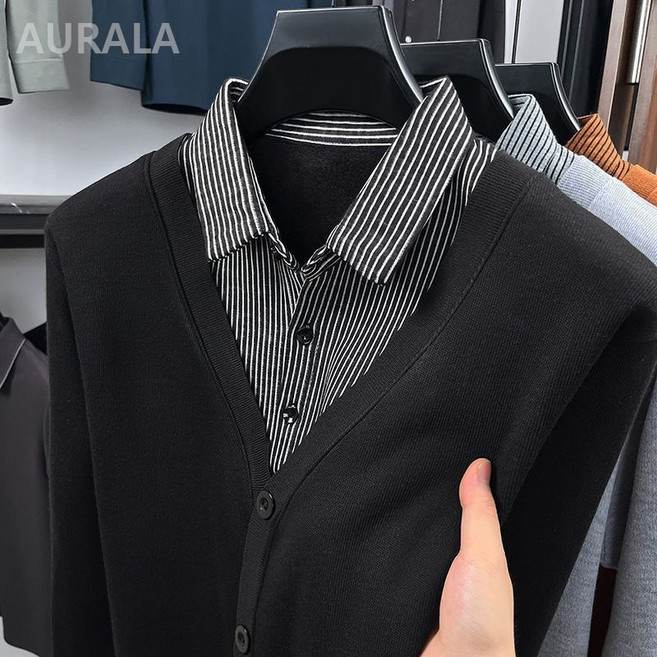 AURALA 중년 남성 루즈핏 페어 룩 기모 셔츠 칼라 니트 레이어드 룩 기모 티셔츠 아빠룩