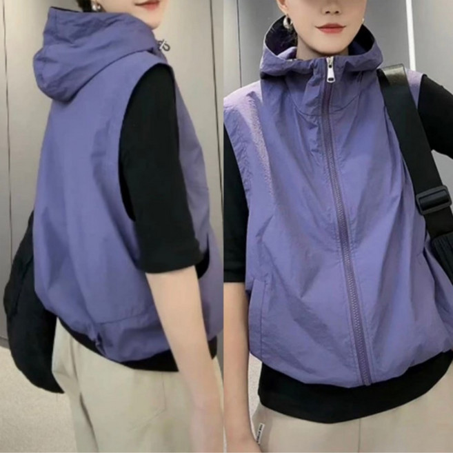 ANYOU 여성 여름 조끼 바람막이 후드집업 루즈핏 자외선 차단 얇은 방풍 조끼