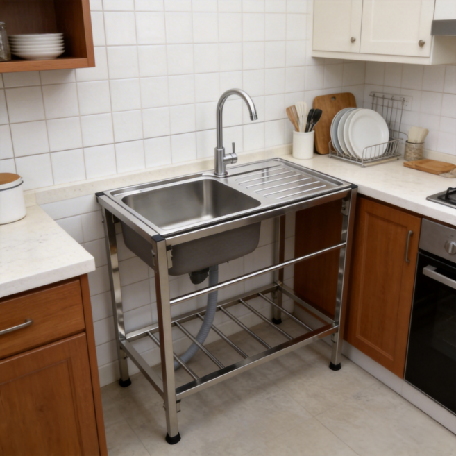 Kismetic 간이 이동식 싱크대 스텐싱크대 업소용싱크대 주방싱크대 세면대, 1개, 은색
