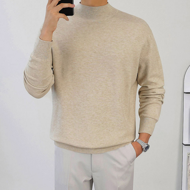 로코비전 남자 반폴라 니트 하프넥 오버핏 부드러운 스판 빅사이즈 스웨터