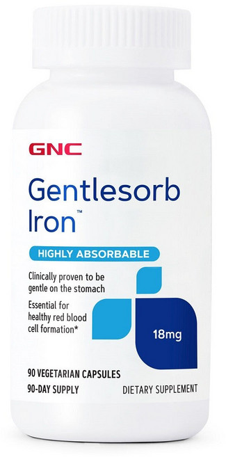 GNC 젠틀솔브 아이언 18mg 90 정 (베지캡슐) Gentlesorb Iron Vegetarian Capsules, 1개, 90정