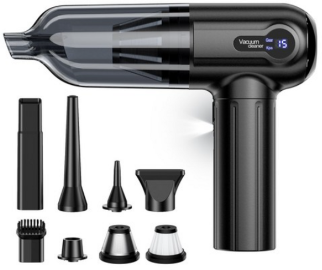 SUNGOD 차량용 무선 청소기 에어건 고출력 흡입 파워 송풍 디스플레이 미니 핸디 진공 청소기, VC-01B (6종노즐/대용량배터리), 블랙