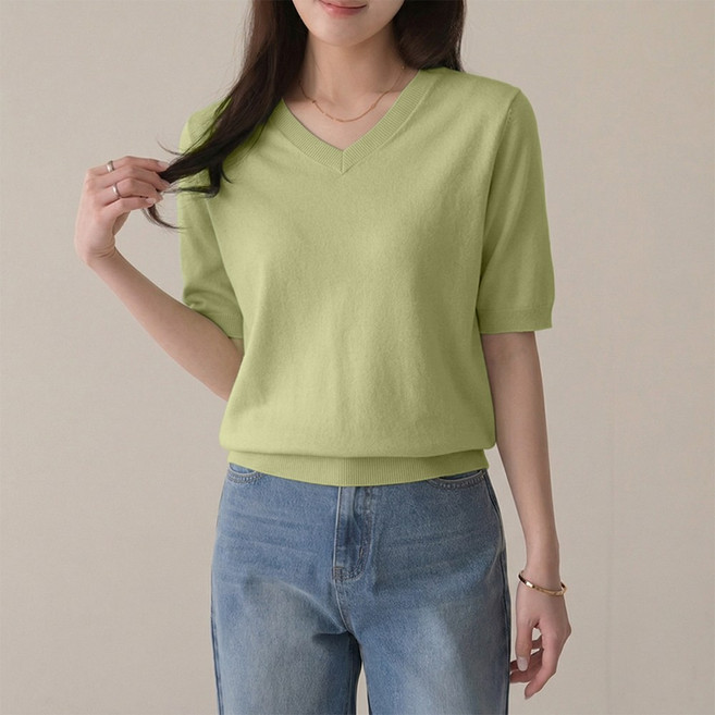 데일리앤 비토 14컬러 부드러운 여성 브이넥 기본 무지 5부 반팔 니트 티셔츠