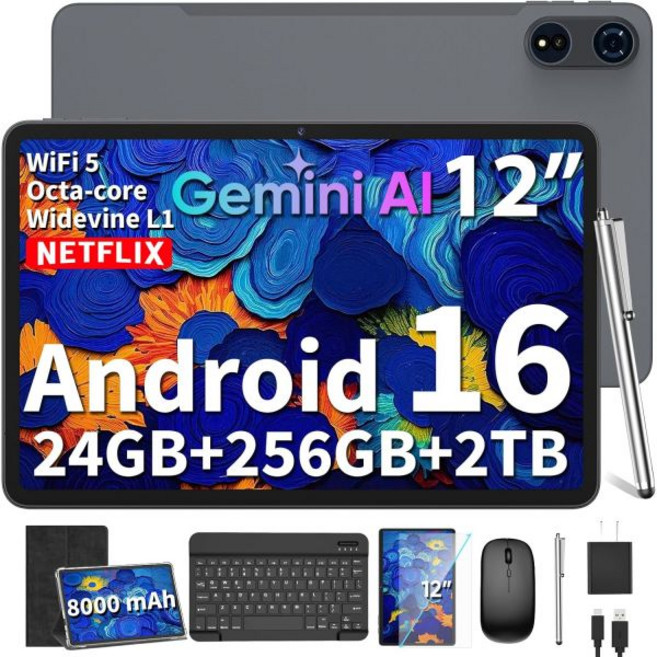 2026 12인치 대형 태블릿 키보드가 있는 안드로이드 16 24GB+256GB+2TB 확장 2K 제미니 AI가 탑재된 PC 8000mAh 옥타코어 16+8MP 케이스 마우스, Black