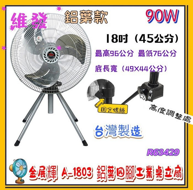 金展輝 18吋 (45公分) 四腳工業立扇 A-1803 台灣製造 90W