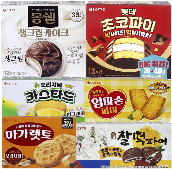 롯데과자 6종세트 몽쉘오리지널 초코파이 카스타드 찰떡파이 마가렛오리지널 엄마손파이, 1개