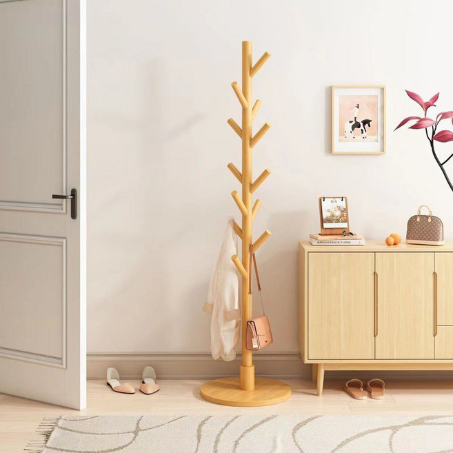 北歐實木衣架 衣帽架 掛衣架 臥室收納立桿衣帽架, 圓盤底座+原木色+12掛枝【173釐米】