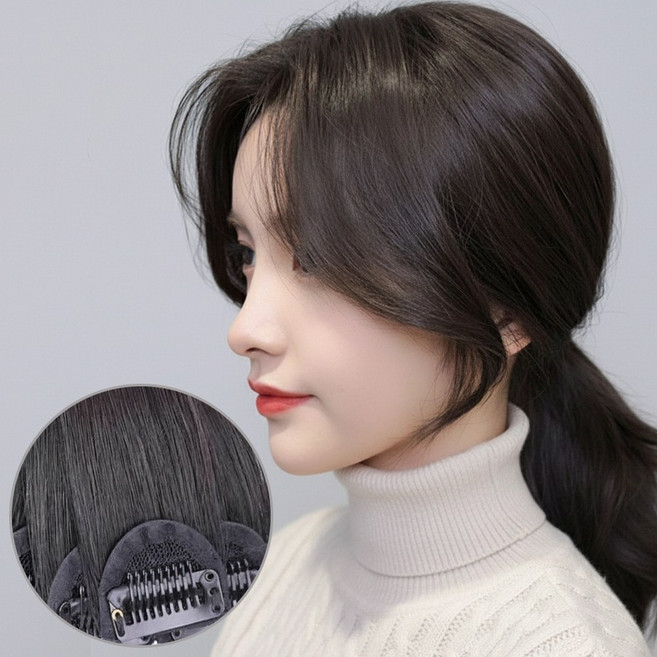 헤어피스 여자 앞머리 옆머리 인모 100% 똑딱이 볼륨 부분 가발, 1개, 흑색_20cm