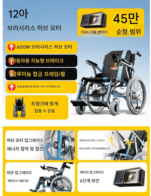 피닉스 수 전동 휠체어 지능형 전자동 허브 모터 접이식 경량 대형 휠 스쿠터 노인 및 장애인용 46A6, 1박스, 12A 리튬배터리-약 20km 항속 (대형 휠)