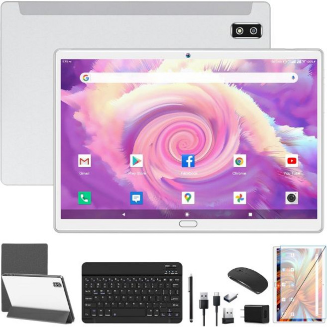 태블릿PC 2025 최신 안드로이드 13 태블릿 2 in 1 10.1 인치 키보드 포함 4G 셀룰러 64GB ROM 4GB RAM 옥타코어 프로세서 2개의 심 슬롯 13MP 카, Silver