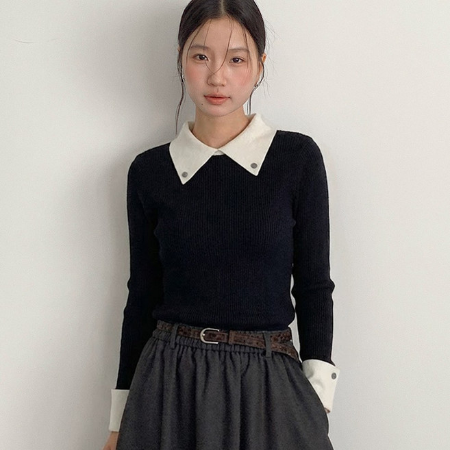 타니즈 투인 배색 카라 긴팔 여성 니트