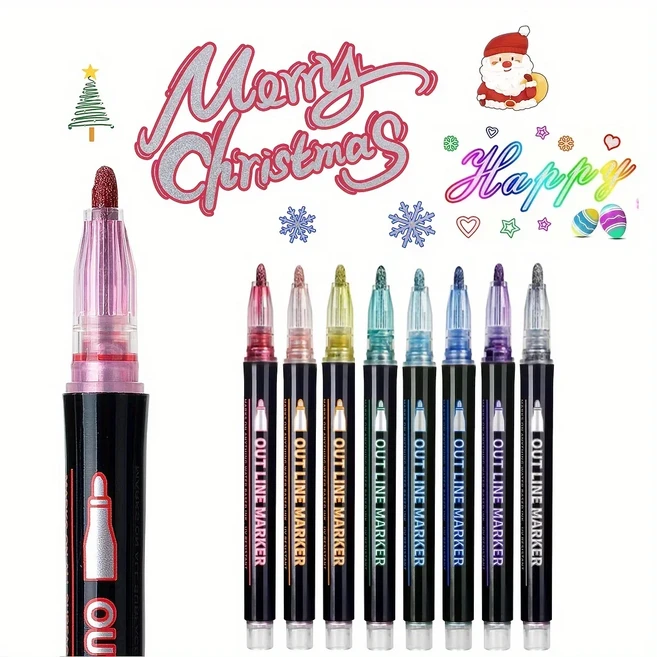 8/12/24/48 색상 이중선 아웃라인 펜 셀프 아웃라인 메탈릭 마커 글리터 필기 및 그림 펜 크리스마스 카드, 04 YGB-8colors