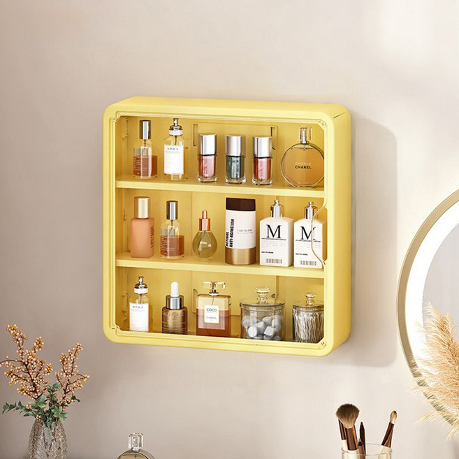 HK sell 루미하임 무타공 다용도 벽걸이형 수납함 뷰티박스 화장품 피규어 정리함, 옐로우, 1개
