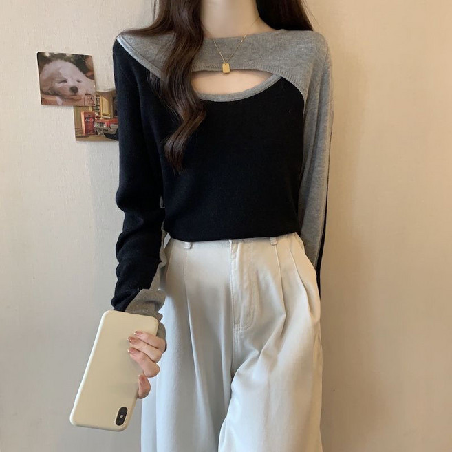 슬림소녀 여성 봄가을 루즈핏 니트 긴팔 펀칭 티셔츠 심플 핏 편안한 상의