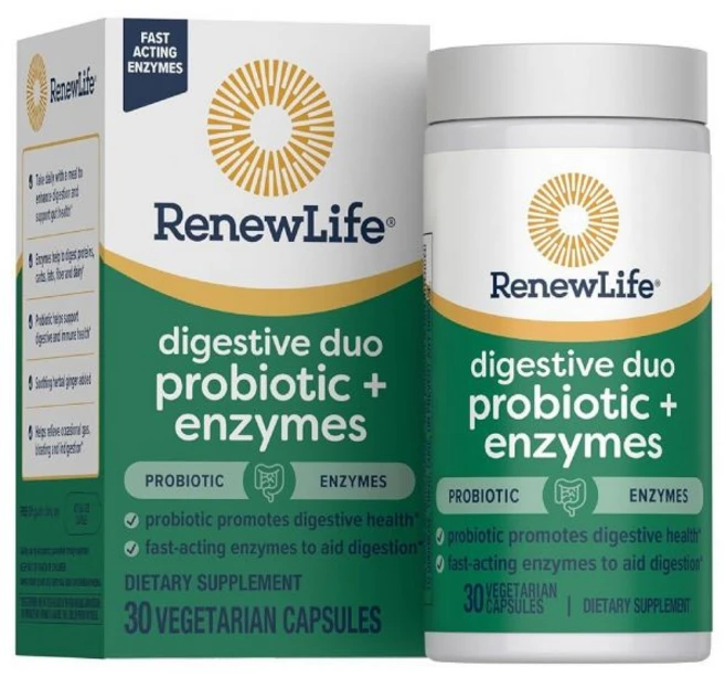 Renew Life Digestive Duo 프로바이오틱 및 효소 채식주의자 캡슐 프로바이오틱스 소화 건강 촉진 빠르게 작용하는 효소가 소화를 돕습니다 진정 허브 포함, 30, 1개 - 쿠팡