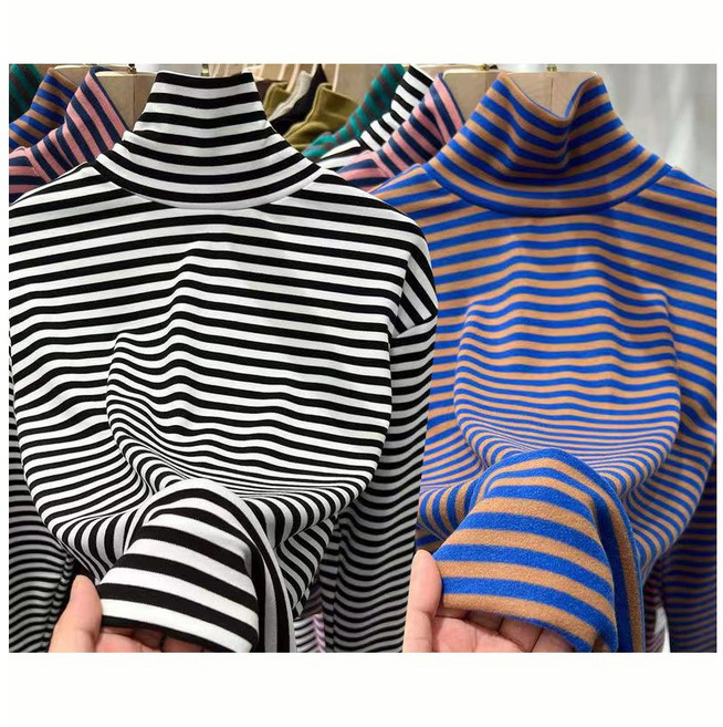 1+1 데일리 여성 기모 이너 티셔츠 가을 겨울 슬림핏 폴라넥 스트라이프 긴팔티 심플 코디 상의 YHY