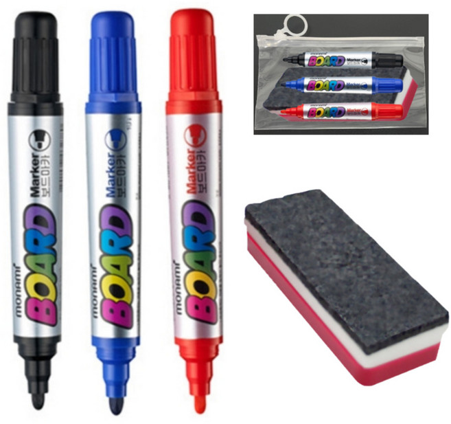 [오마이문구] 3색 보드 마카펜 빨강 파랑 검정 + 지우개 세트