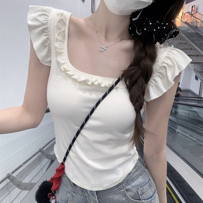 OMT 프릴 여름 여자 캡나시 라운드넥