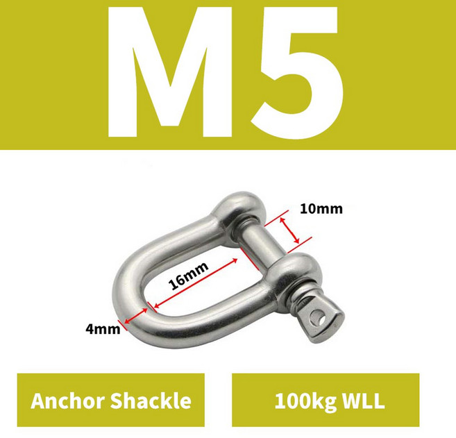 304 스테인리스 스틸 D-샤클 앵커 샤클 80kg-1500kg WLL 해양 등급 애완동물 묶기용 리깅 리프팅, 2PCS, [06] M5(2PCS)