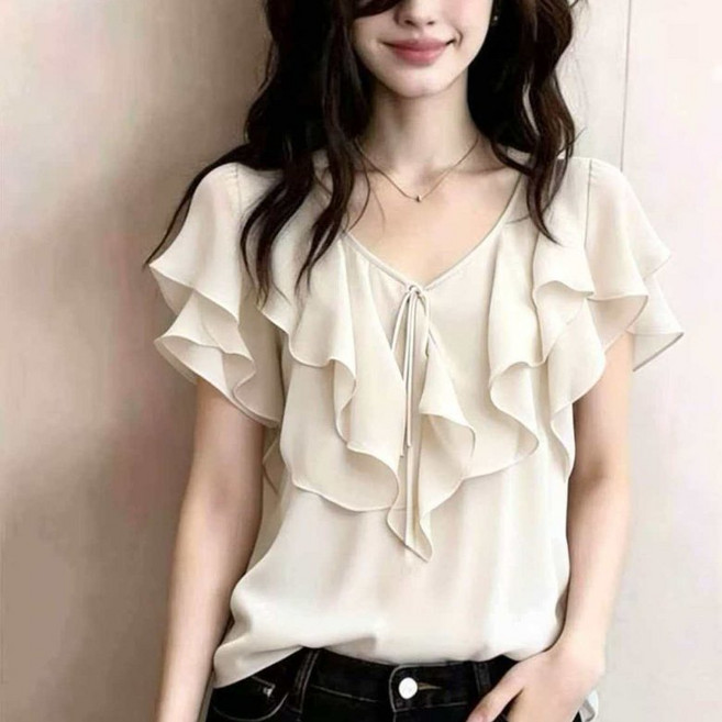 PEROLA 여성 여름 얇은 브이넥 반팔 블라우스 솔리드 프릴 루즈핏 쉬폰 티셔츠