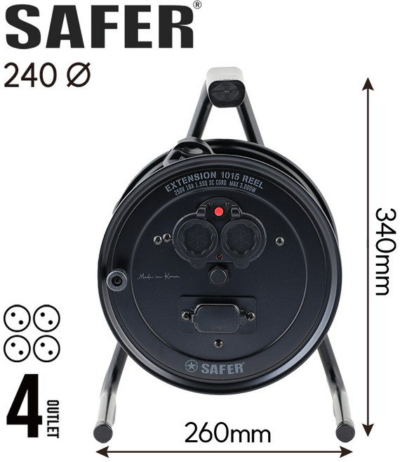 세이퍼 캡형 1015 2구 4구 릴선 차단기 전기 리드선 전기선 작업선 연장선 전선릴, 1개, [블랙 4구], 15m
