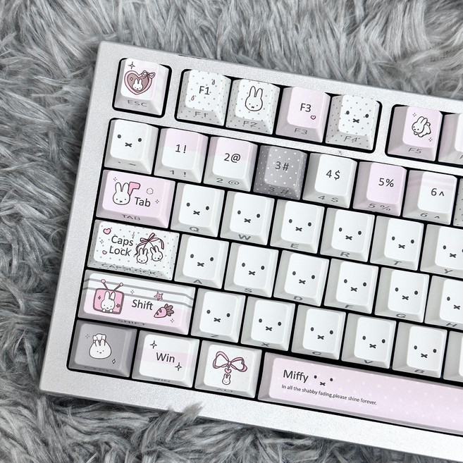 MAIMOOO 회색 분홍색 미피 토끼 키캡 체리 프로파일 귀여운 PBT 열전사 커스텀 키캡 기계식 키보드 소녀 선물용, Grey Pink, Cherry