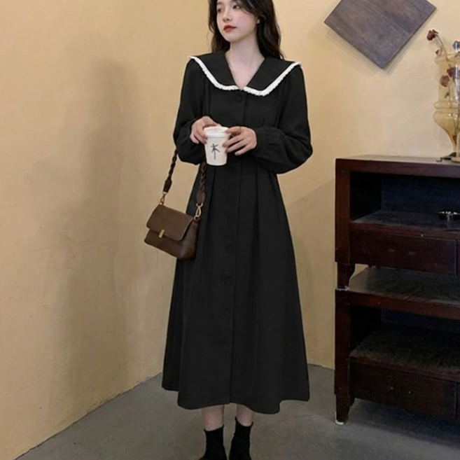 에쉬울프 여성 빅사이즈 러블리 브이넥카라 롱원피스 긴팔 봄 가을