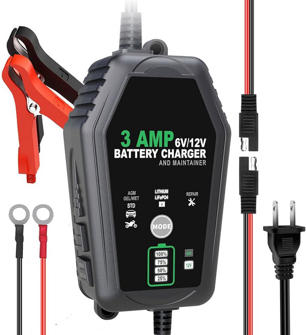 3AMP 배터리 충전기 6V/12V 스마트카 트리클 자동차 오토바이 잔디 깎는 기계 납축 리튬 LiFePo4 배터리용 완전 자동 및 유지보수기, Green, 1개