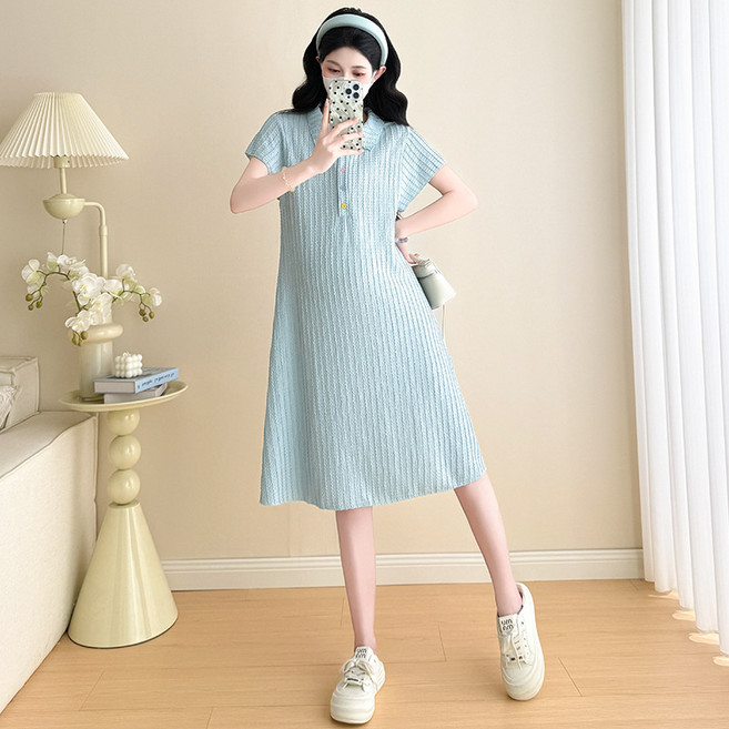 DIU 夏季新款清爽冰感短袖翻領孕婦連衣裙中長款顯瘦彈力polo長裙