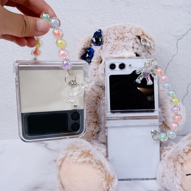 뉴욕마켓 z플립7 힌지보호 풀커버 투명 스트랩 곰돌이