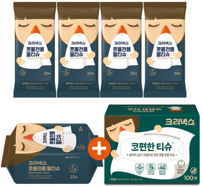 콧물전용 물티슈 휴대용/비염 티슈 물티슈 + 코 편한 티슈 +Q, 5세트, 1매 - 쿠팡