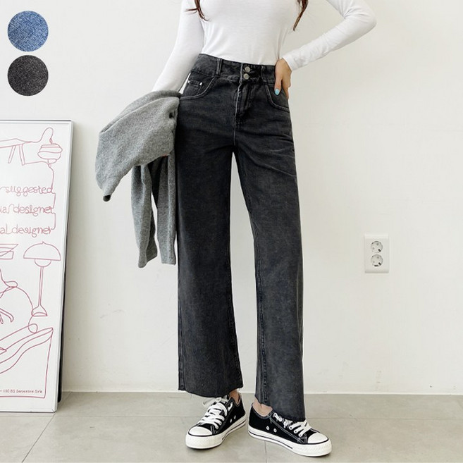 가비진 여성용 투버튼 와이드 데님 팬츠