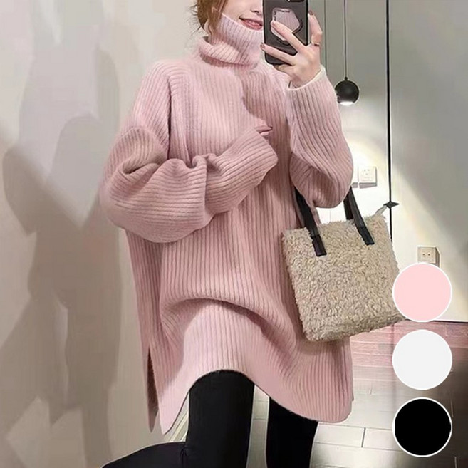 VERIT 루즈핏 목폴라 체형커버 옆트임 롱 인생 스웨터 VT111