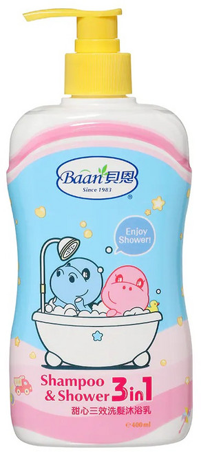 Baan 貝恩 甜心三效洗髮沐浴乳 400ml，寶寶專用溫和配方，洗髮沐浴一次完成, 1個, 400ml