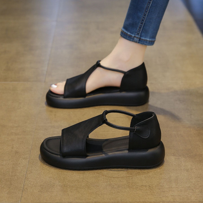 厚底涼鞋女夏季外穿羅馬沙灘鞋, 22.5 cm, 黑色