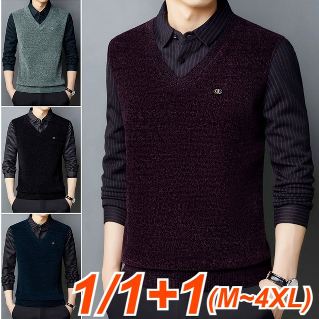 1/1+1 남성 겨울 남방 보온 레이어드 니트 브이넥 셔츠