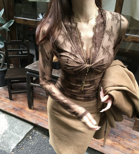 해피유통 여성 봄가을 섹시 레이스 시스루 타이트 긴팔 티셔츠