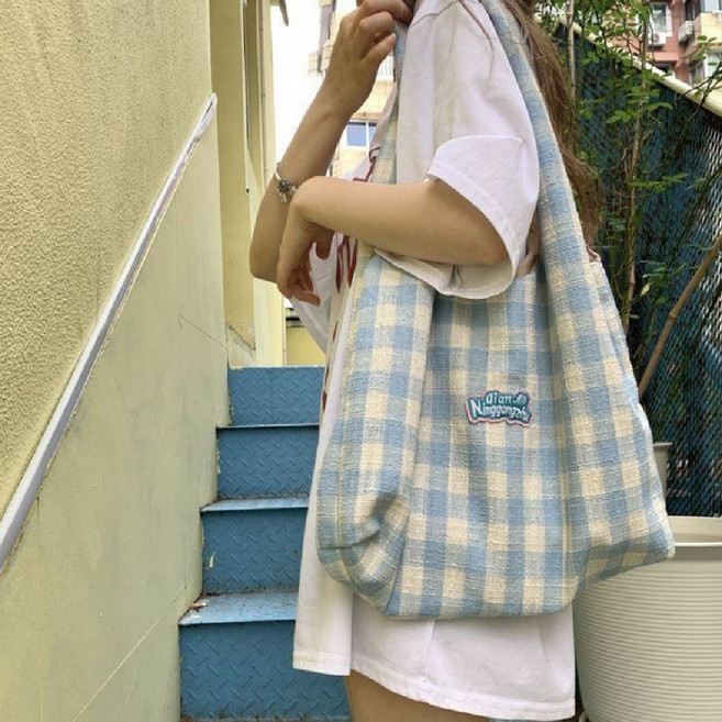 리브온 파스텔 체크 숄더백 데일리 빅 에코백