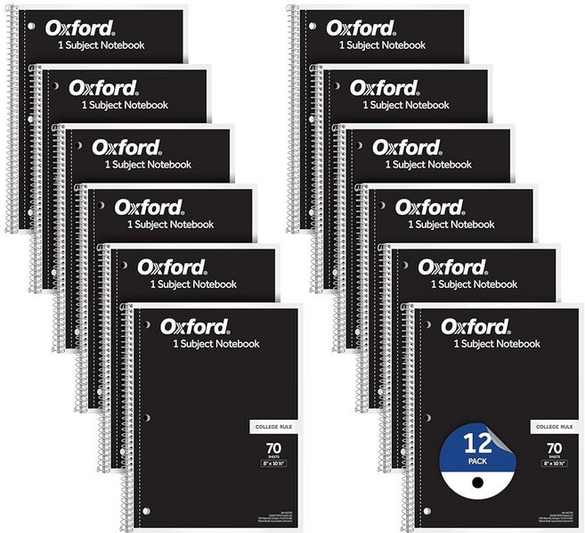 OXFORD 옥스포드 스프링 노트 1과목 학교용 벌크 대학 유선 나선형 노트 종이 블랙 커버 천공 안감 시트 70장 20.3 x 26.7cm(8 10-1/2인치) 1, OXFORD 옥스포드 스프링 노트 1과목, 학교용 벌크