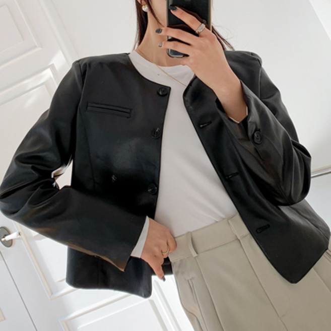 다예패션 노카라 라운드 인조가죽 자켓 점퍼