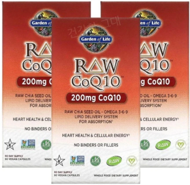 Garden of Life RAW CoQ10 코큐텐 200mg 60캡슐 x3팩, 3개, 60정 - 쿠팡