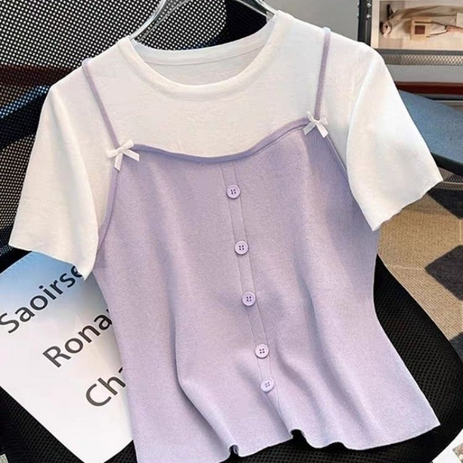 유니픽여성 봄여름 화이트와 퍼플 스팽글 탑 블렌딩 디자인cjg