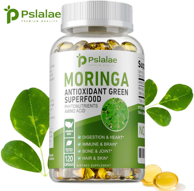 모링가 캡슐 | 100% 순수 단일 공급원 모링가 잎 분말 보충제 | 면역 체계 에너지 신진대사 및 모유 수유에 도움이 되는 식물 영양소 아미노산, 1개, 60정