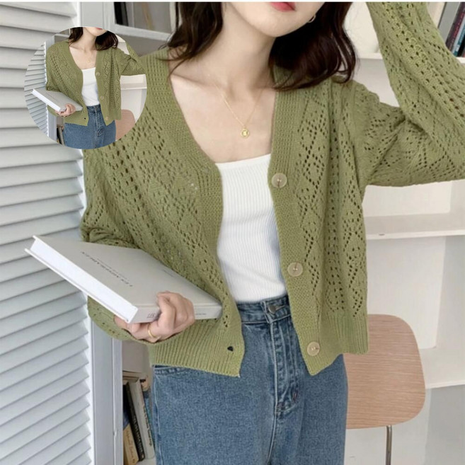 여리여리가디건 루즈핏 디자인 펀칭 포인트 간절기 여성용 니트가디건