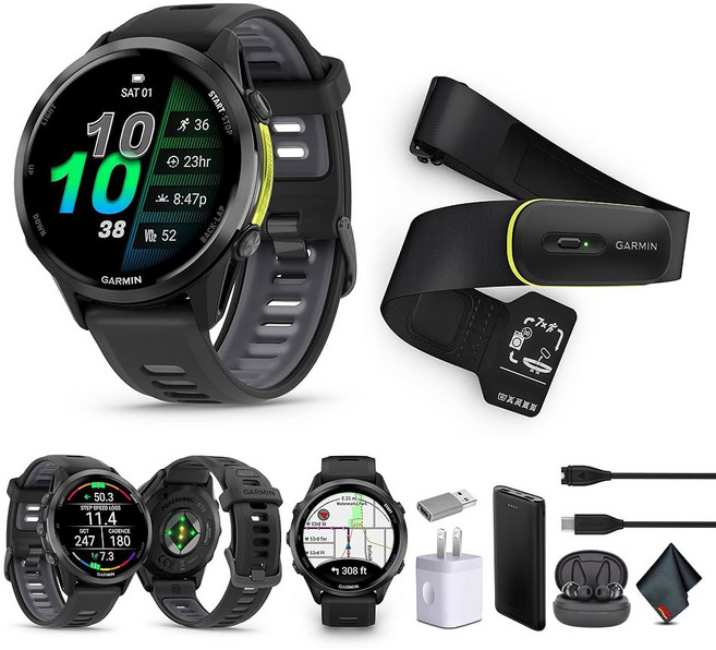 가민 포러너 970 러닝 스마트워치 남녀용 GPS 피트니스 워치 카본 그레이 DLC 티타늄 블랙 케이스 포함 / 반투명 화이트스톤 밴드 u200B + 액세스 600 모니터, Carbon Gray DLC Titanium