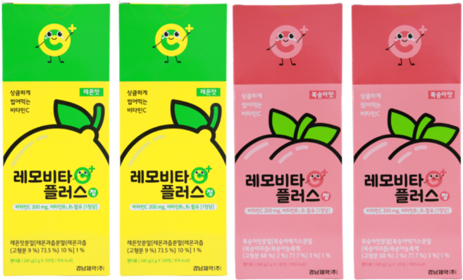 경남제약 레모비타플러스정 레몬맛 복숭아맛 2종세트 건강 켄디, 4개, 120정